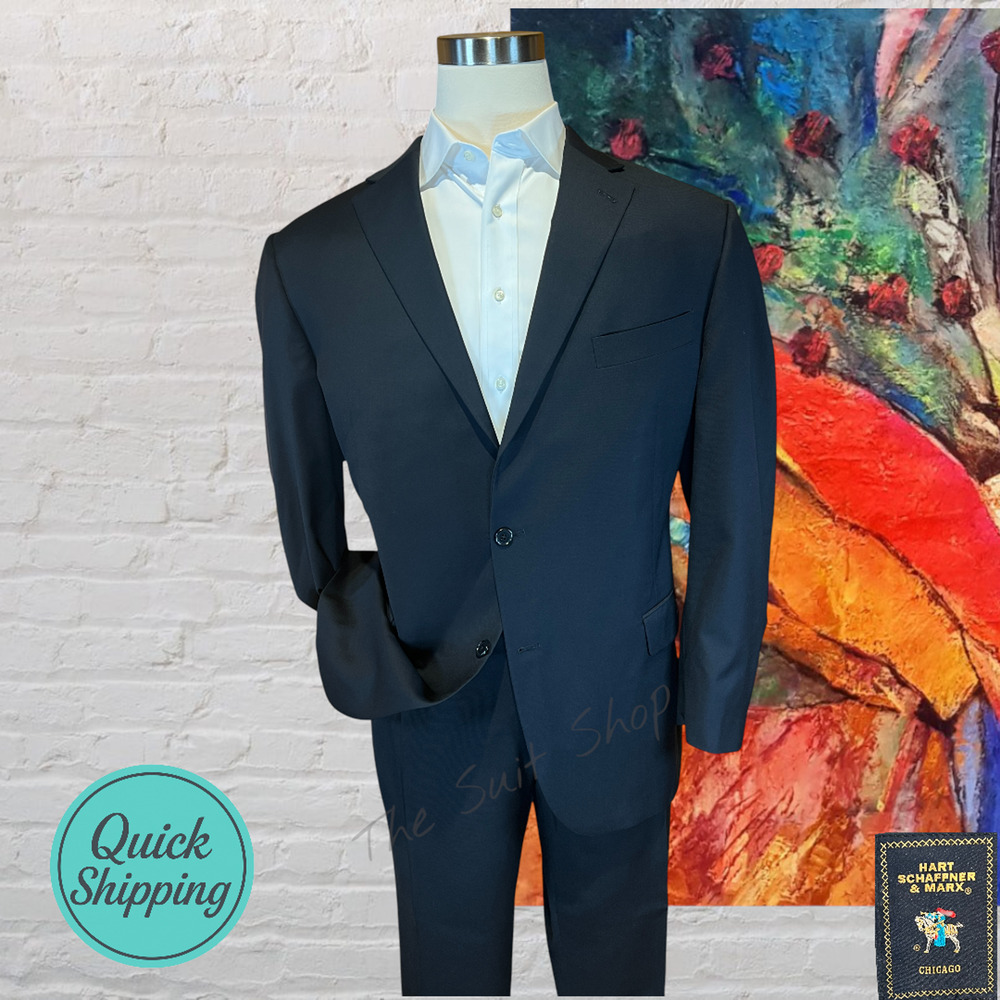 Hart Schaffner Marx 48R 41x30 Solid Black Suit USA